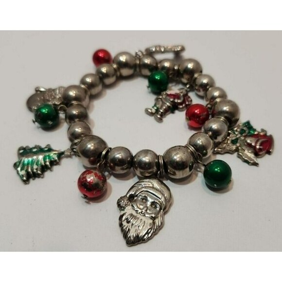 Vintage Silver Colored Bead Christmas Charm Bracelet Red Green Silver w/Trees - Picture 1 of 7